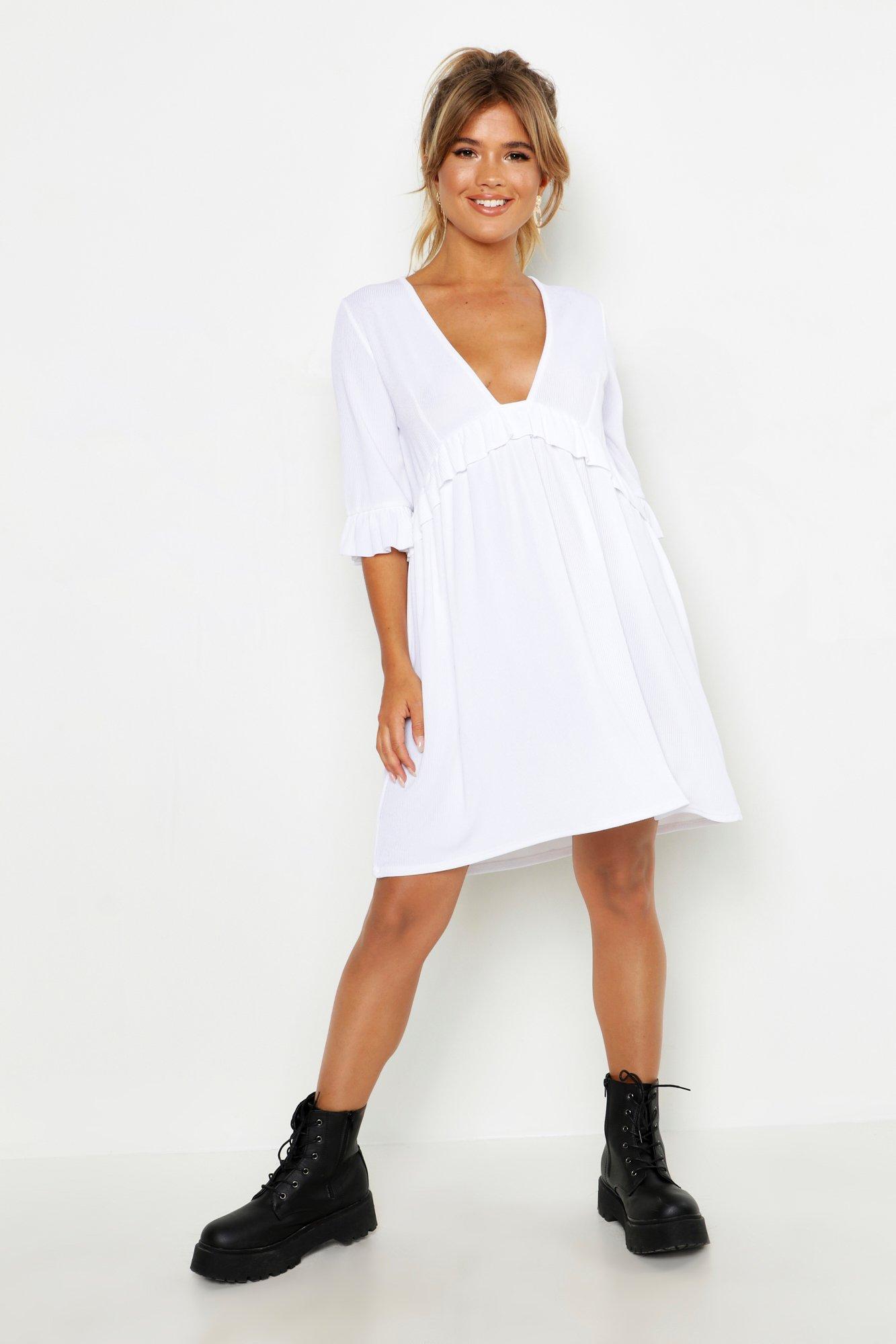 Ribbed Ruffle Smock Dress - 