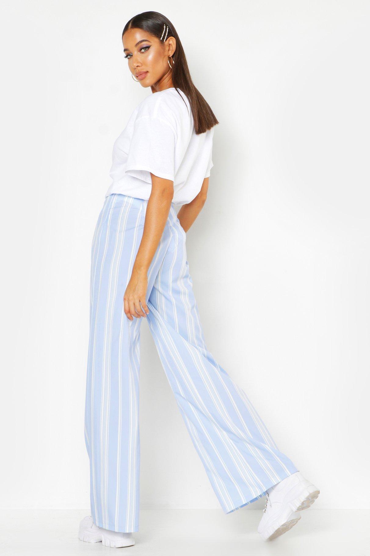 blue and white striped wide leg trousers