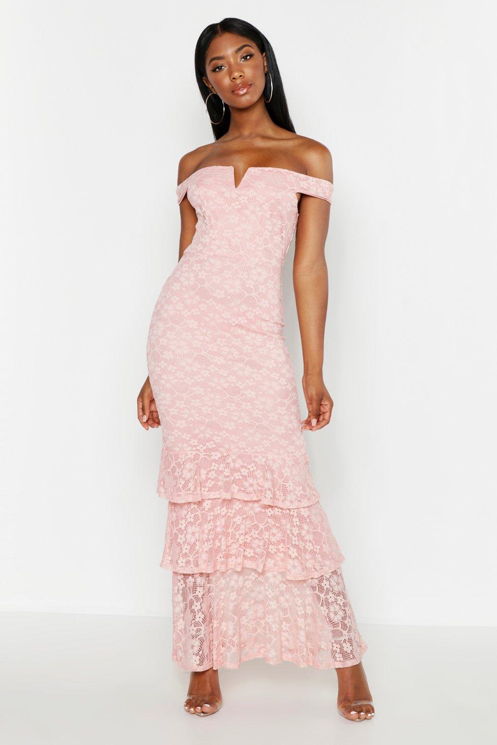 Lace Notch Front Bardot Maxi Dress | Boohoo