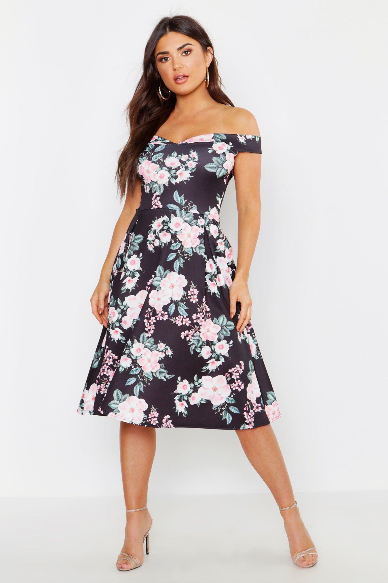 off the shoulder midi skater dress