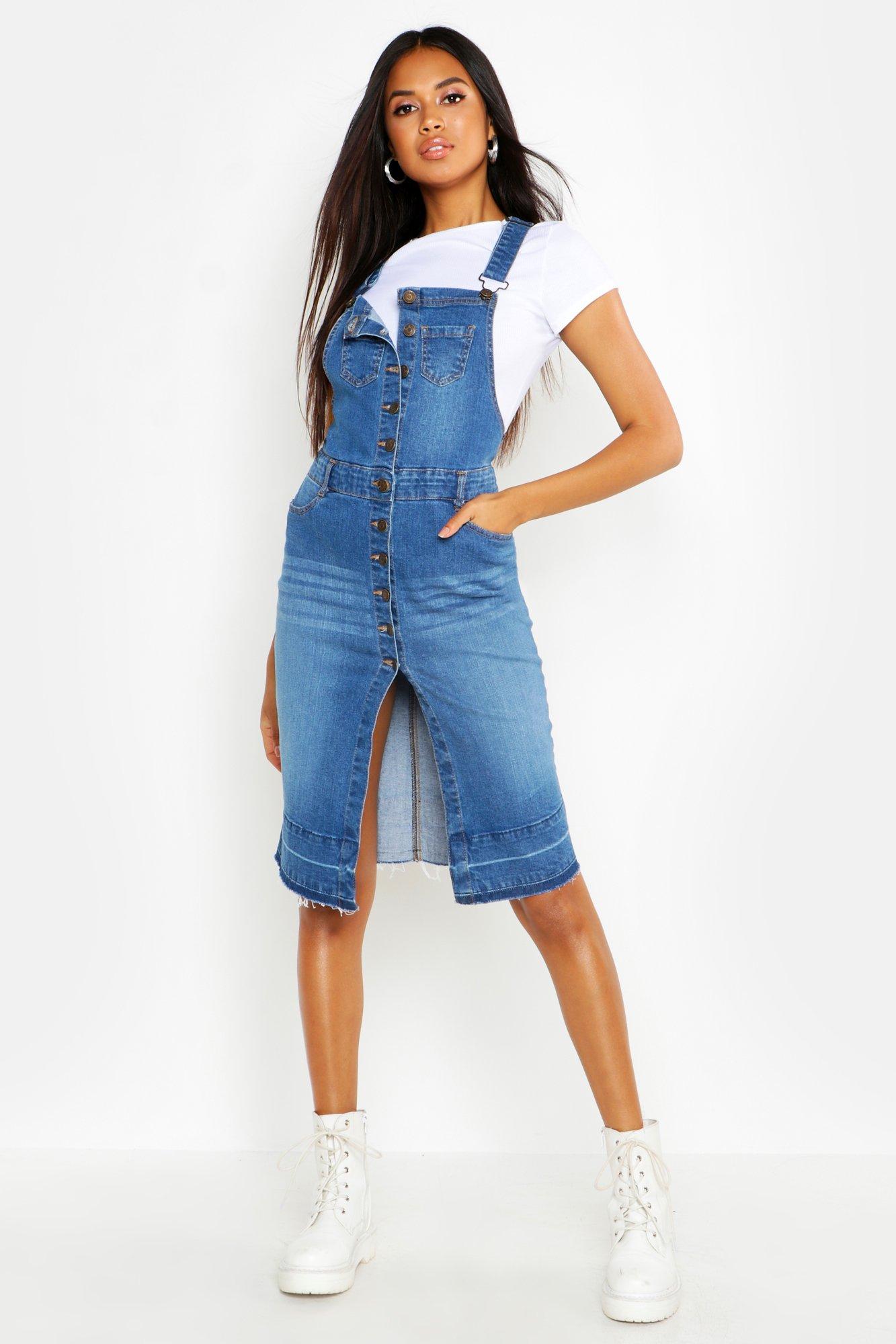 denim overall dress midi