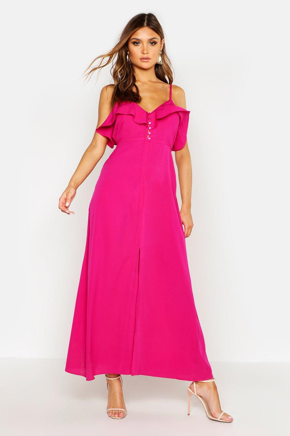 

Woven Covered Button Ruffle Maxi Dress, Hot pink