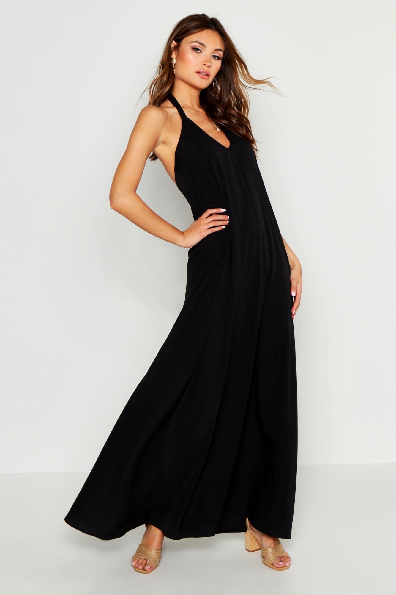 

Woven Tie Neck Plunge Maxi Dress, Black