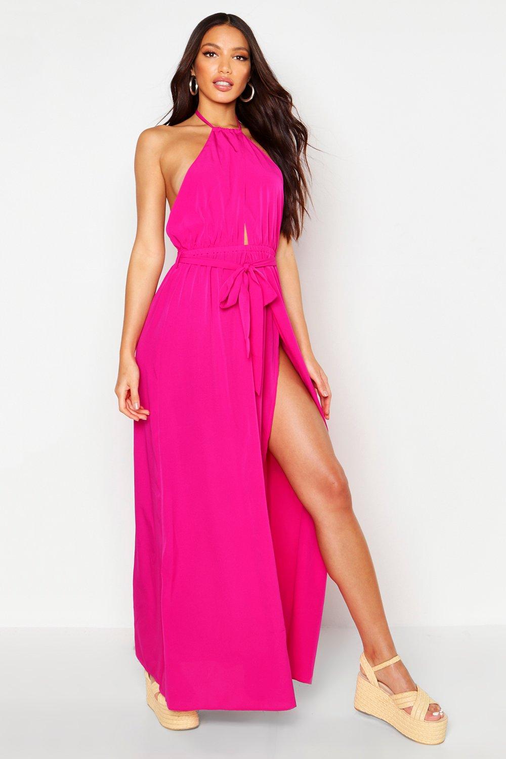 

Woven Halterneck Extreme Split Maxi Dress, Hot pink