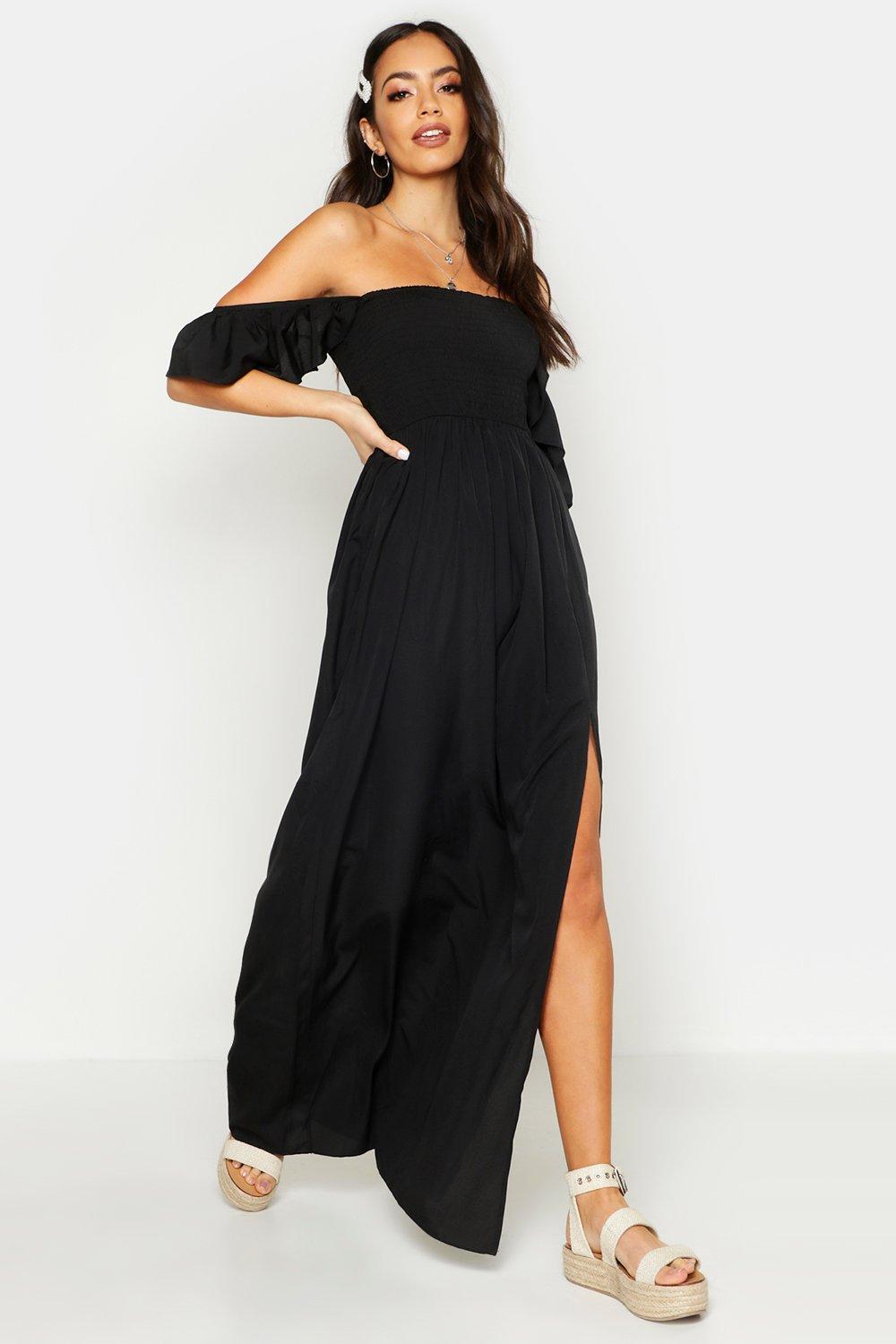 

Woven Shirred Flutter Sleeve Split Maxi Dress, Black
