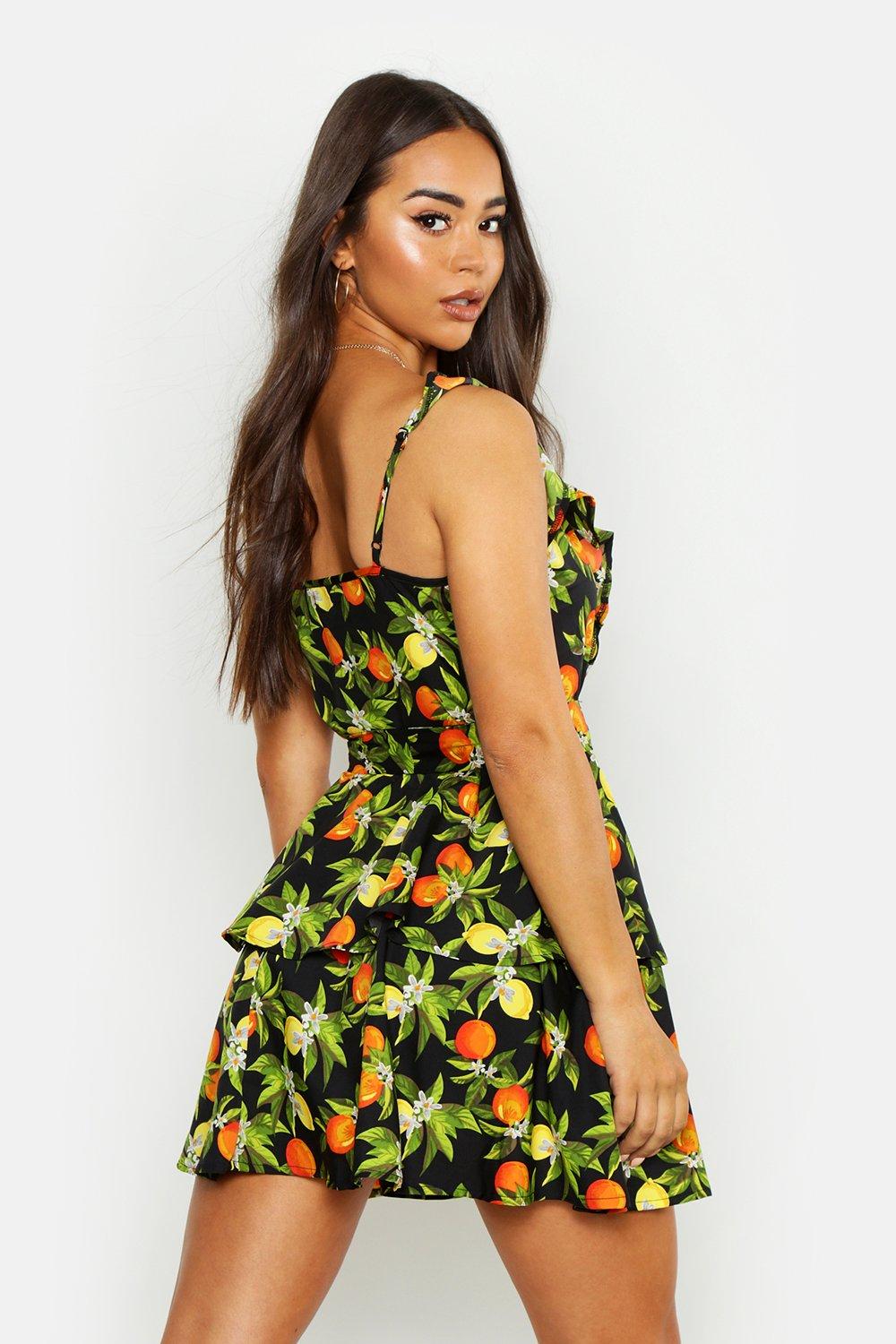 

Woven Ruffle Wrap Fruit Print Mini Dress, Black