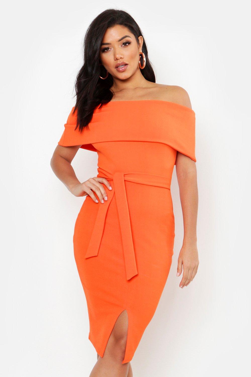orange off the shoulder bodycon dress
