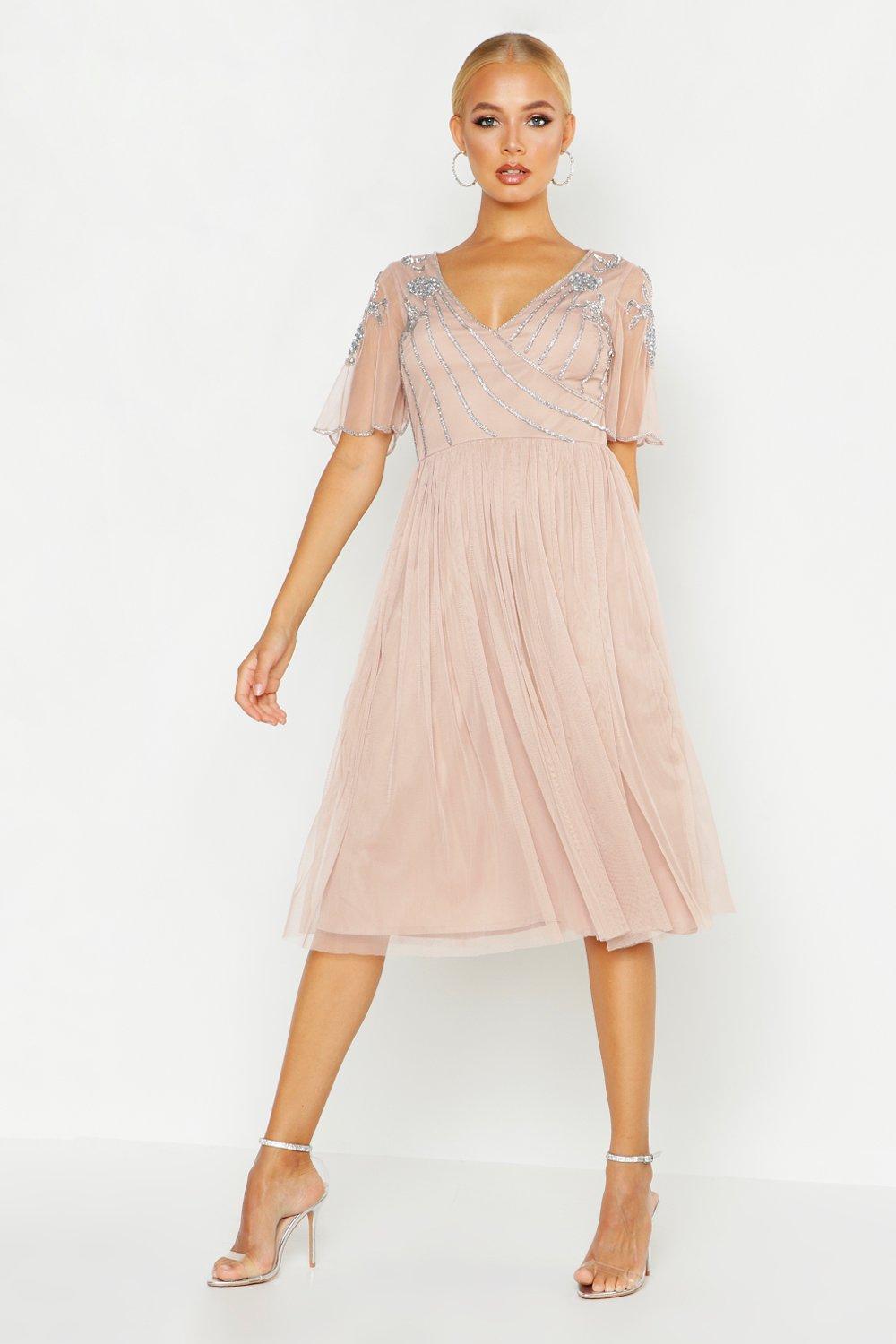 Embellished V Neck Midi Skater Bridesmaid Dress Boohoo Uk
