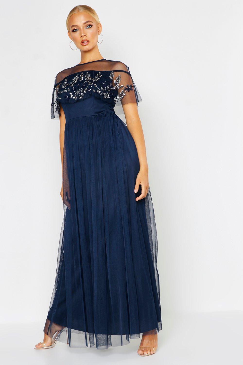 embellished cape maxi dress