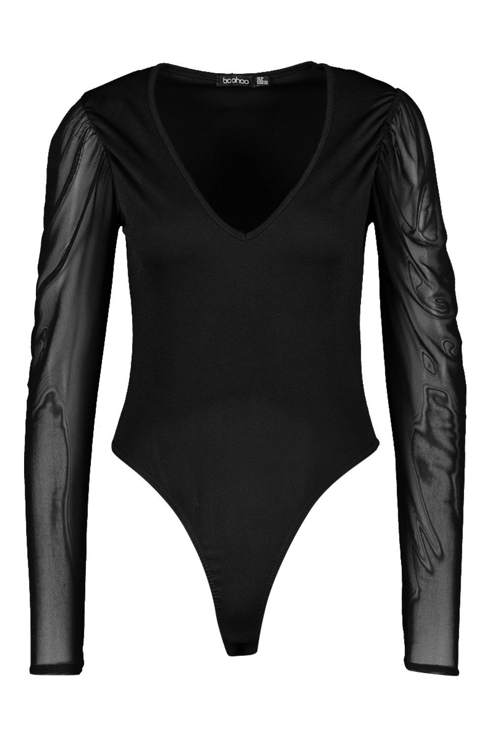 

Боди с рукавами из сетки с глубоким вырезом, Black