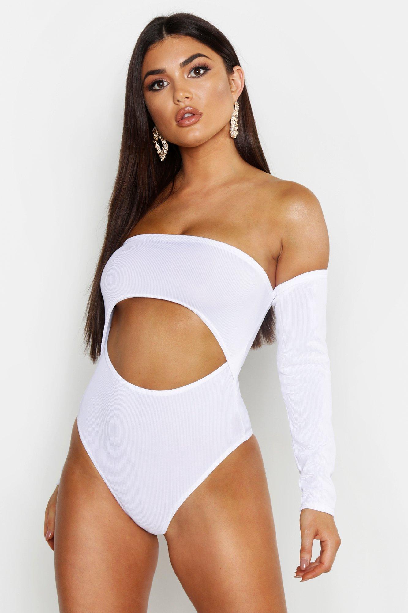 

Боди с вырезом лодочкой и разрезами, White