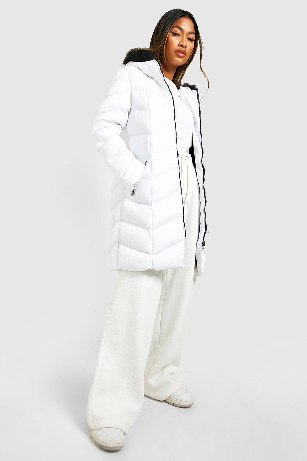 womens faux fur hooded panelled parka coat - white - 10, white