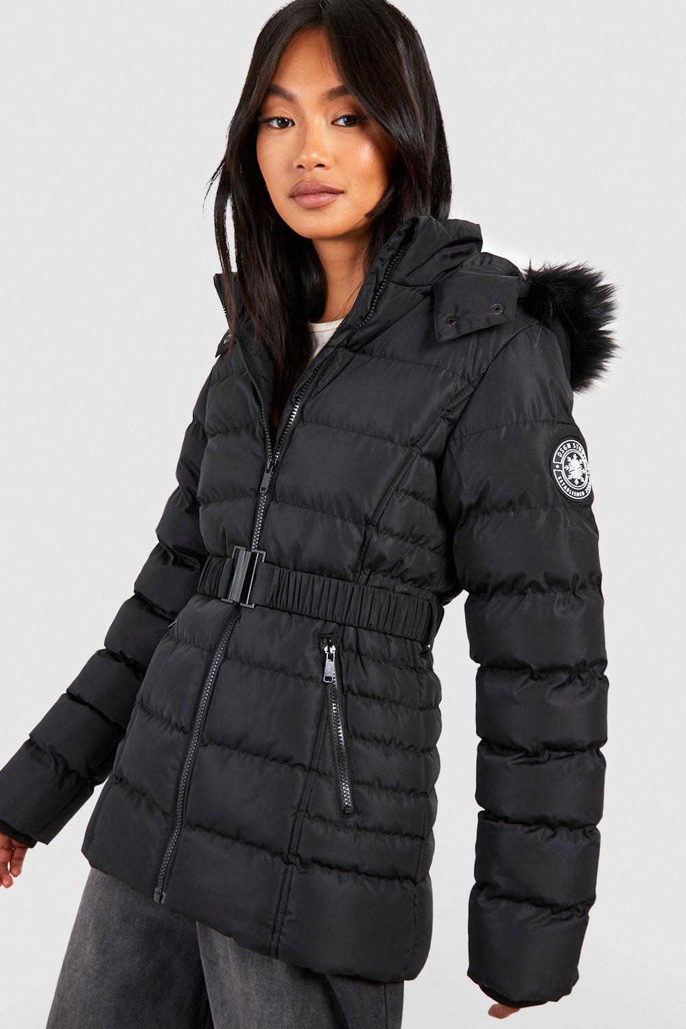 Womens Faux Fur Hooded Belted Parka Coat - Black - 8, Black