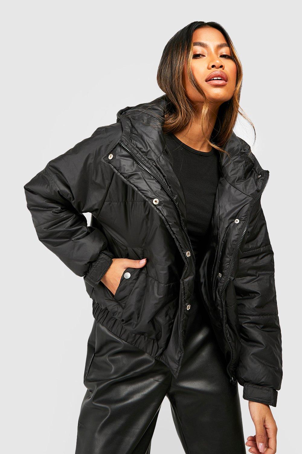 Womens Oversized Raglan Puffer Jacket - Black - 8, Black