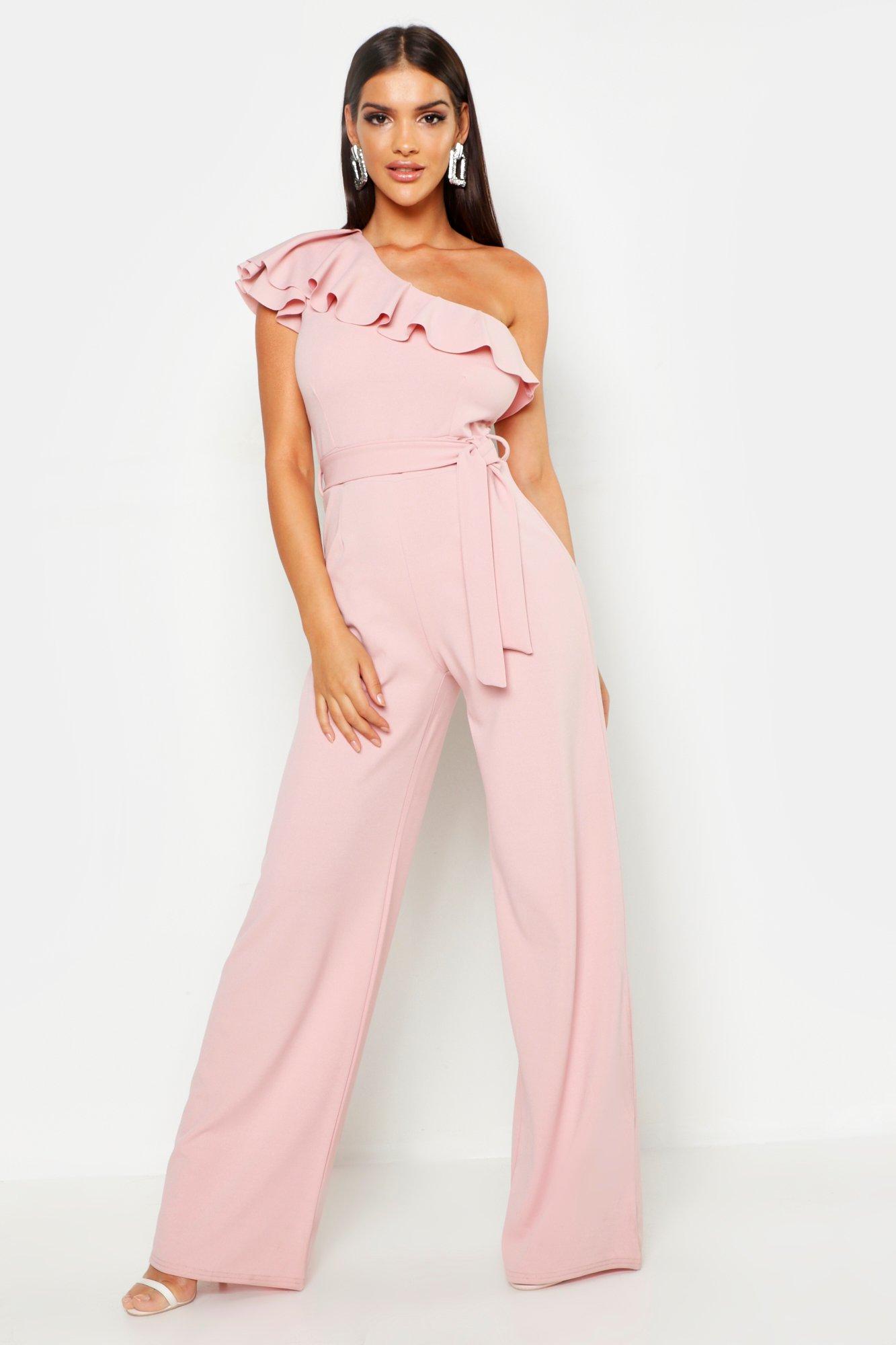 one shoulder pink jumpsuit