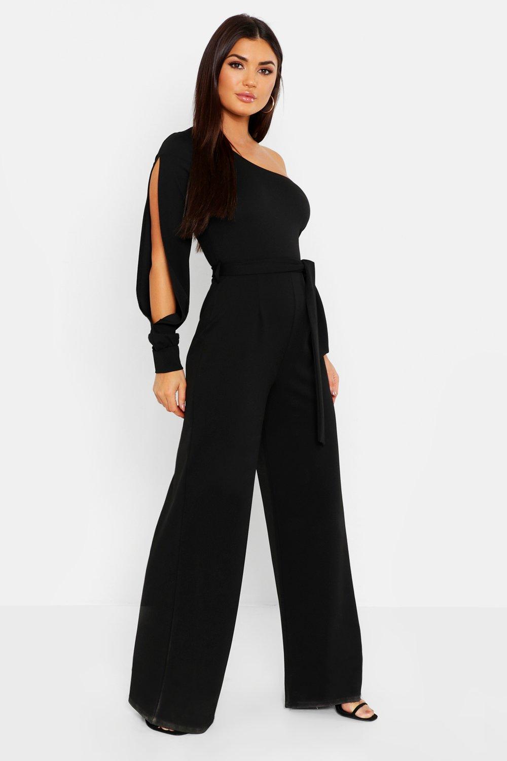 one shoulder split sleeve jumpsuit
