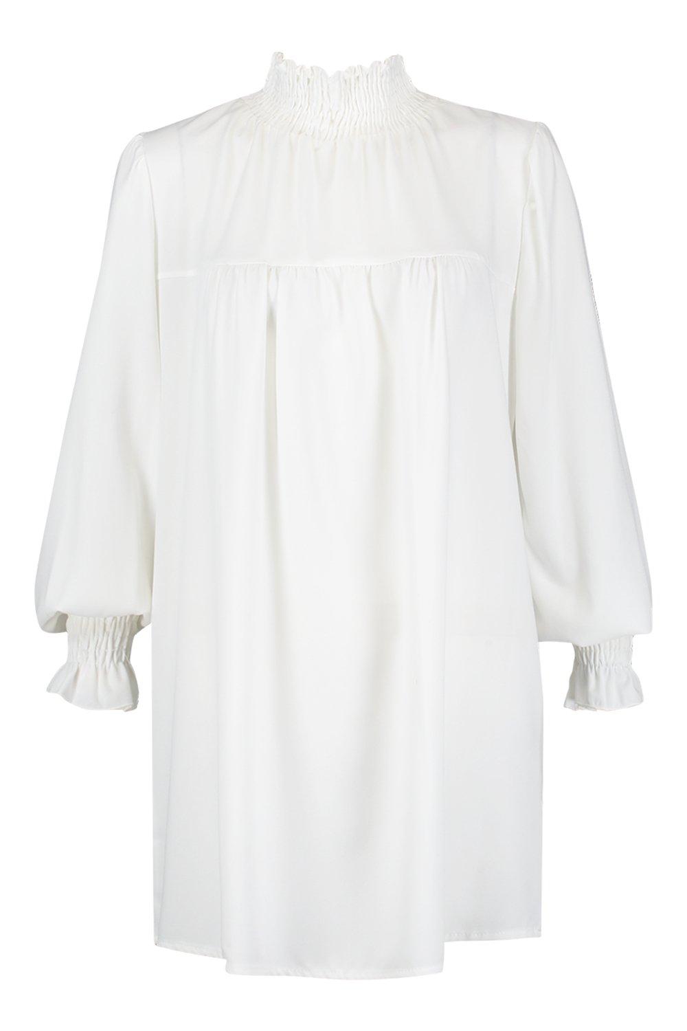 

Свободное платье с присборенным воротником и манжетами, White