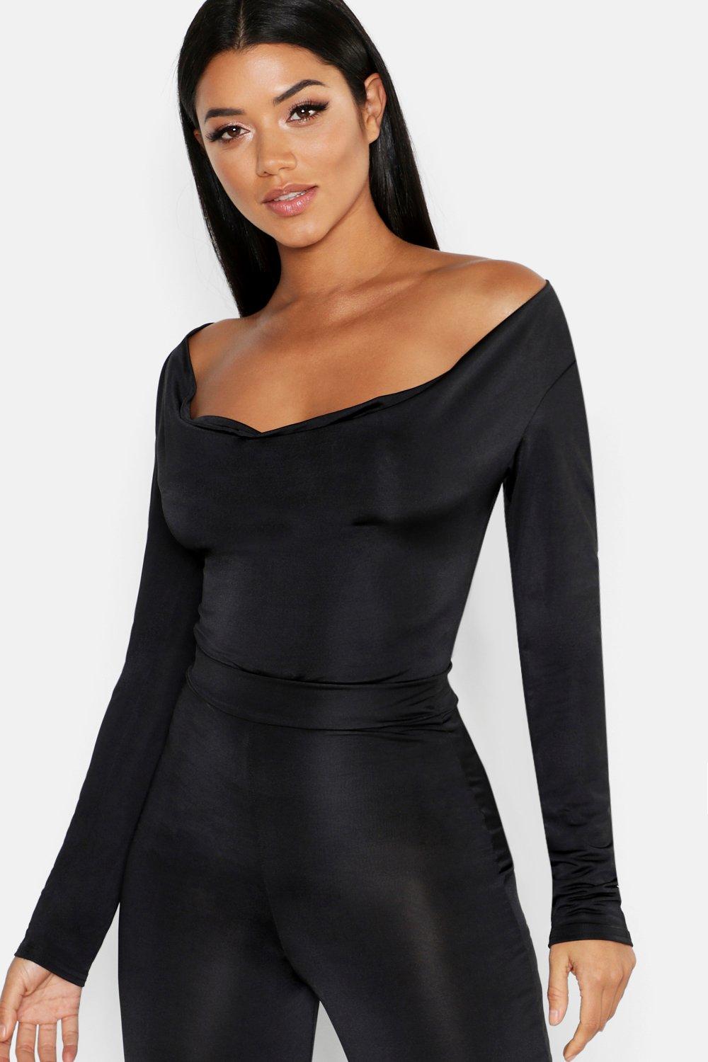 black cowl neck bodysuit