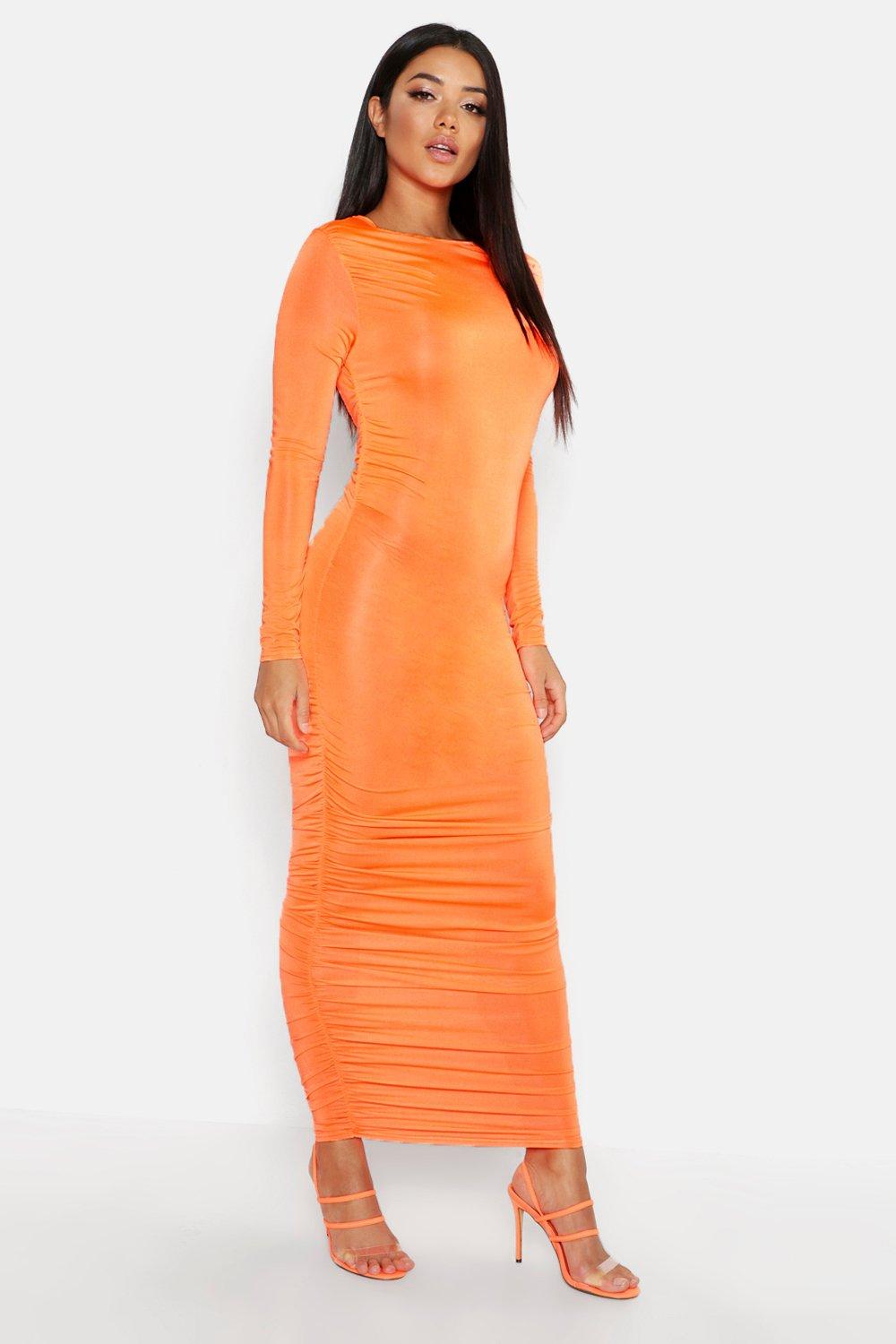 neon orange ruched dress