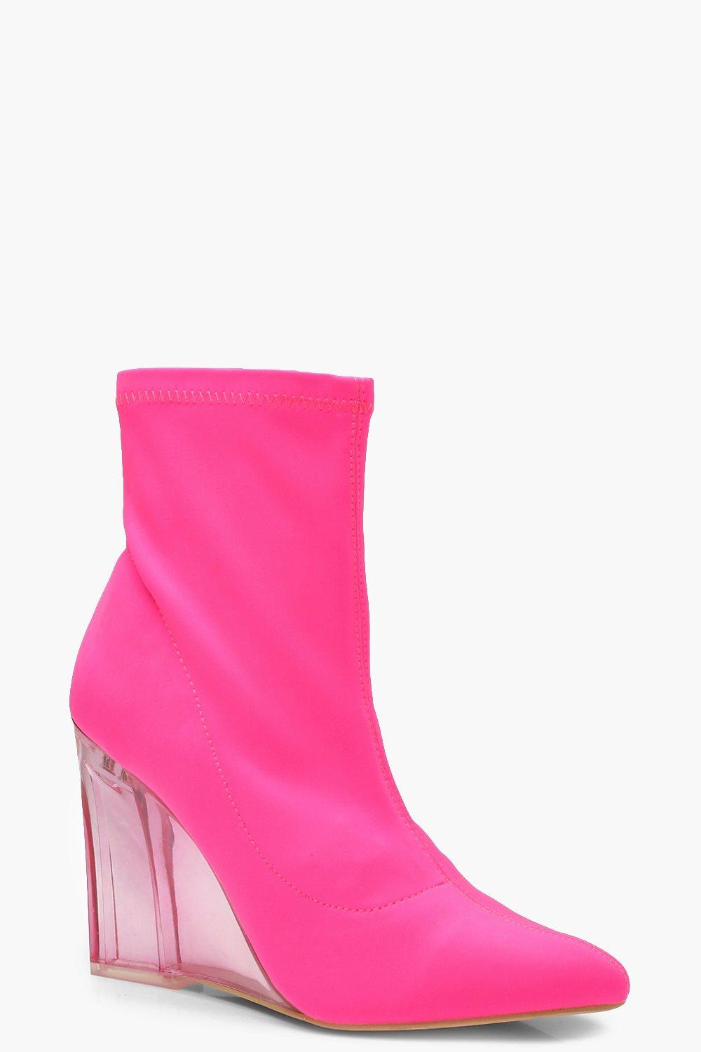 

Неоновые сапоги-носки с прозрачными сапоги на танкетке, Pink
