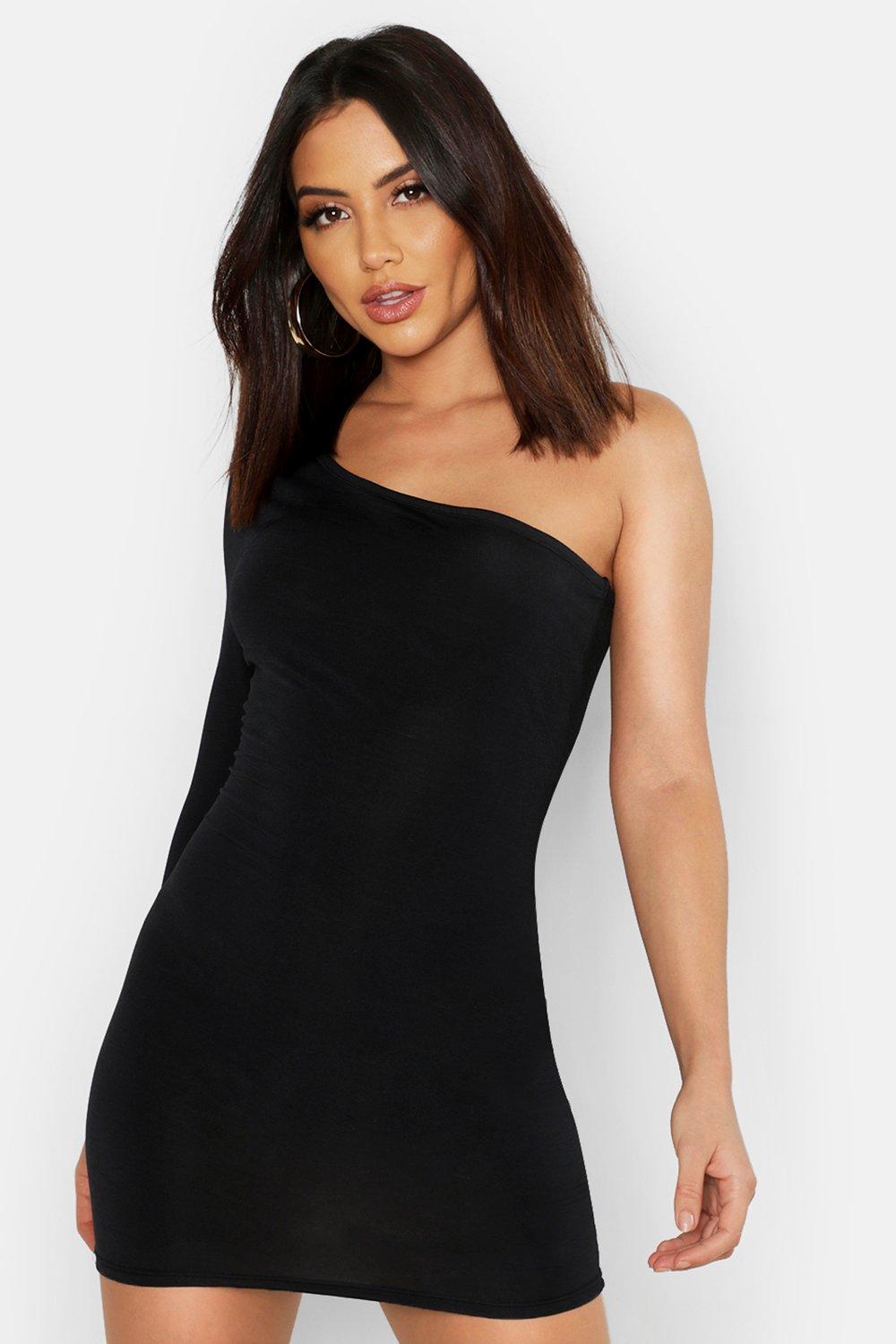 black slinky one shoulder dress