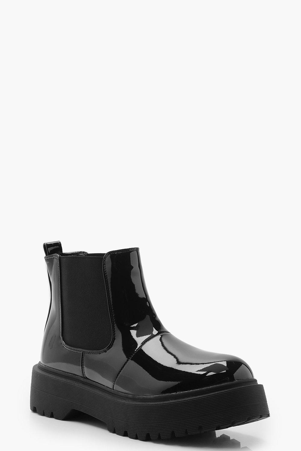black patent chunky chelsea boots