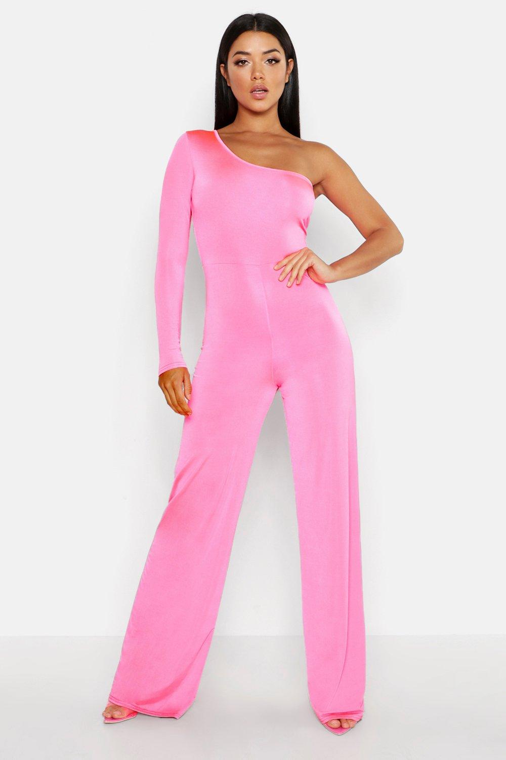 one shoulder pink jumpsuit