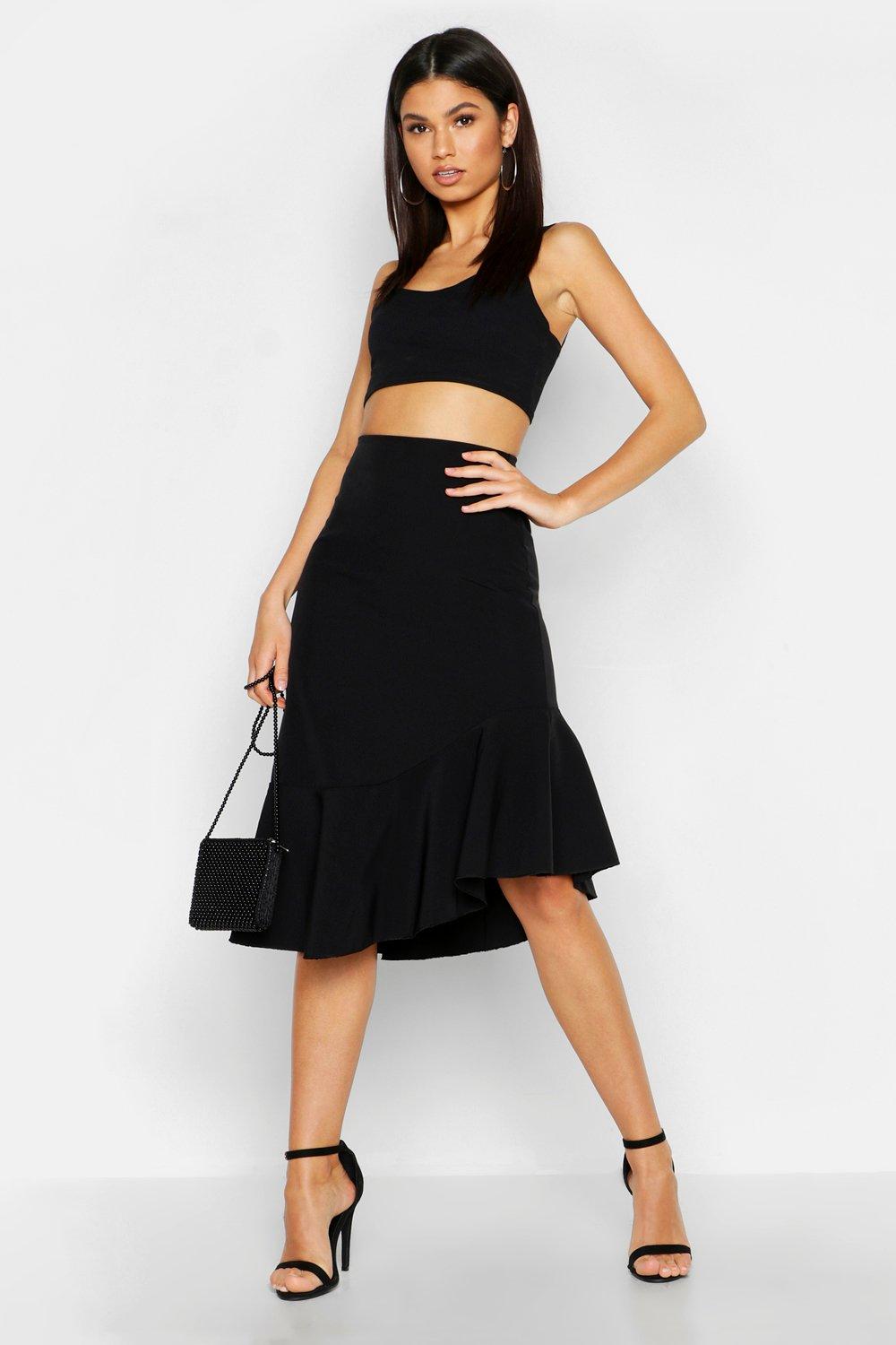 

Woven Ruffle Midi Skirt, Black