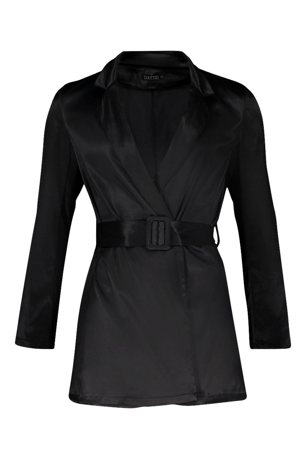 

Satin Self Belted Long Sleeve Blazer Playsuit, Black