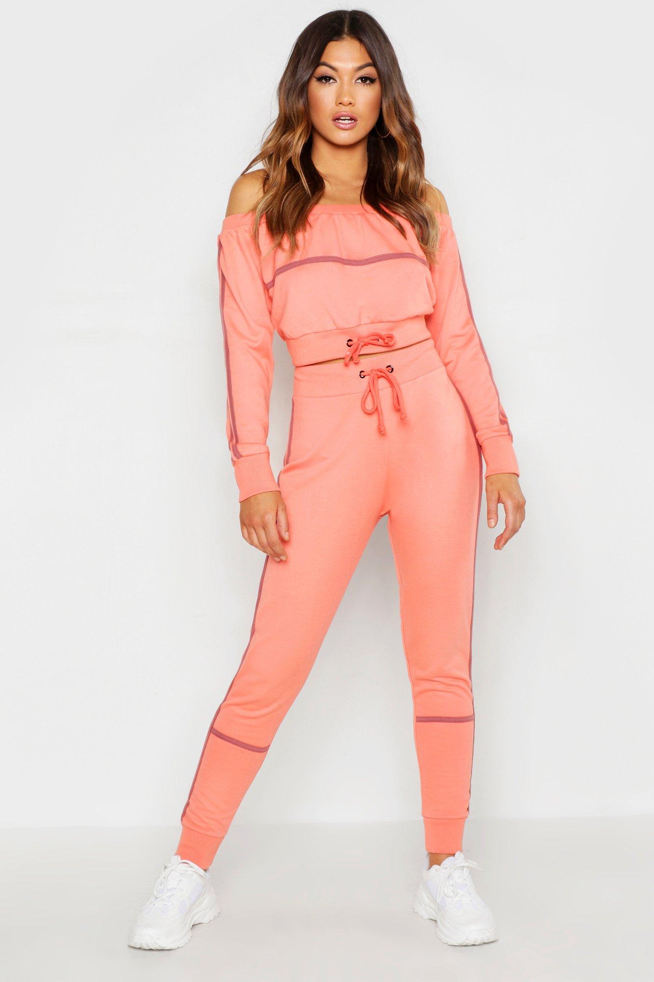 

Off The Shoulder Piping Detail Tracksuit, Coral