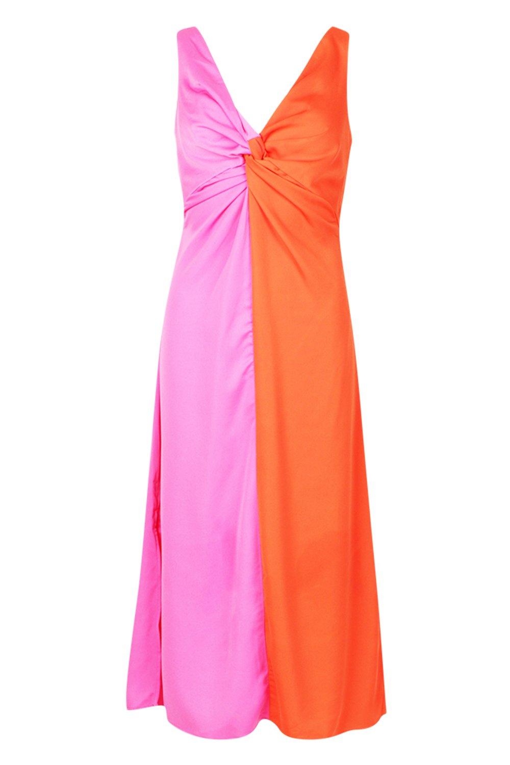 

Satin Contrast Twist Front Dress, Fushia