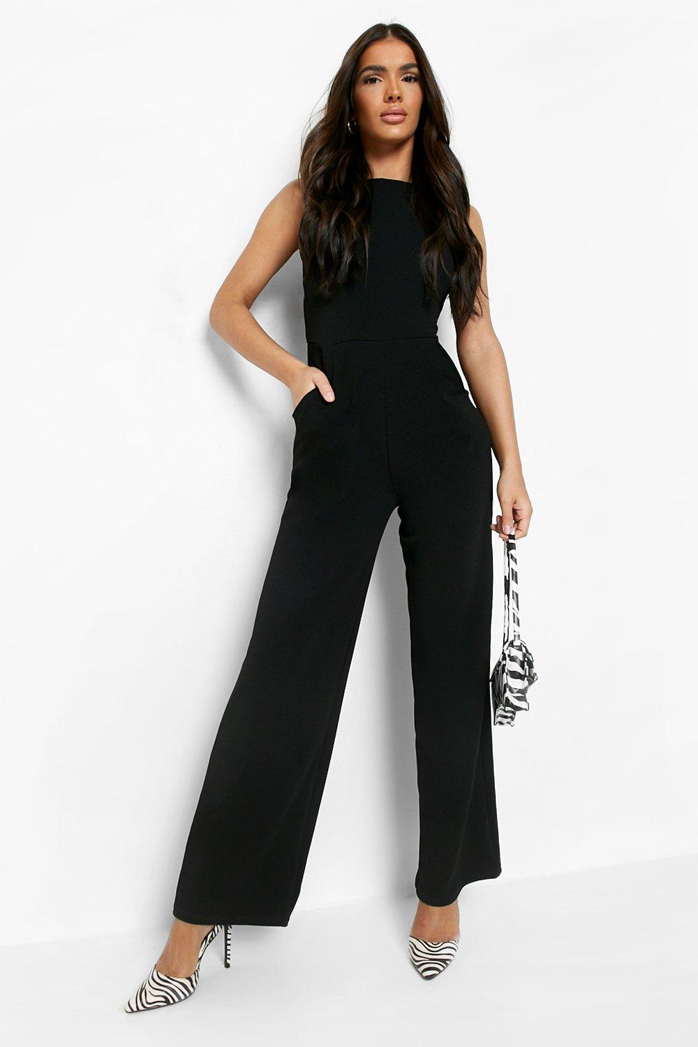 Womens Round Neck Textured Jumpsuit - Black - 14 by Boohoo