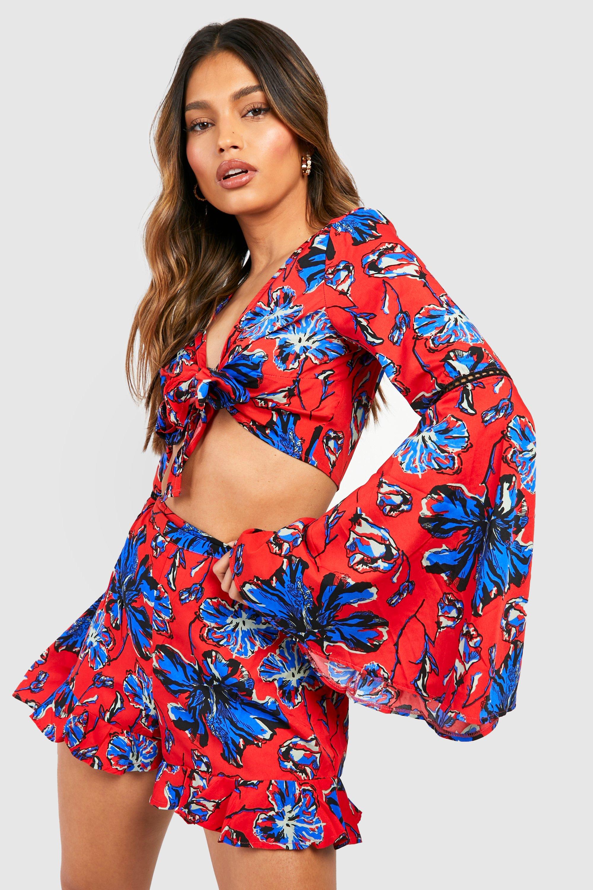 Vintage Shorts, Retro Shorts, High Waisted Shorts Womens Floral Knot Front Short Two-Piece Set - Red - 12 $19.80 AT vintagedancer.com