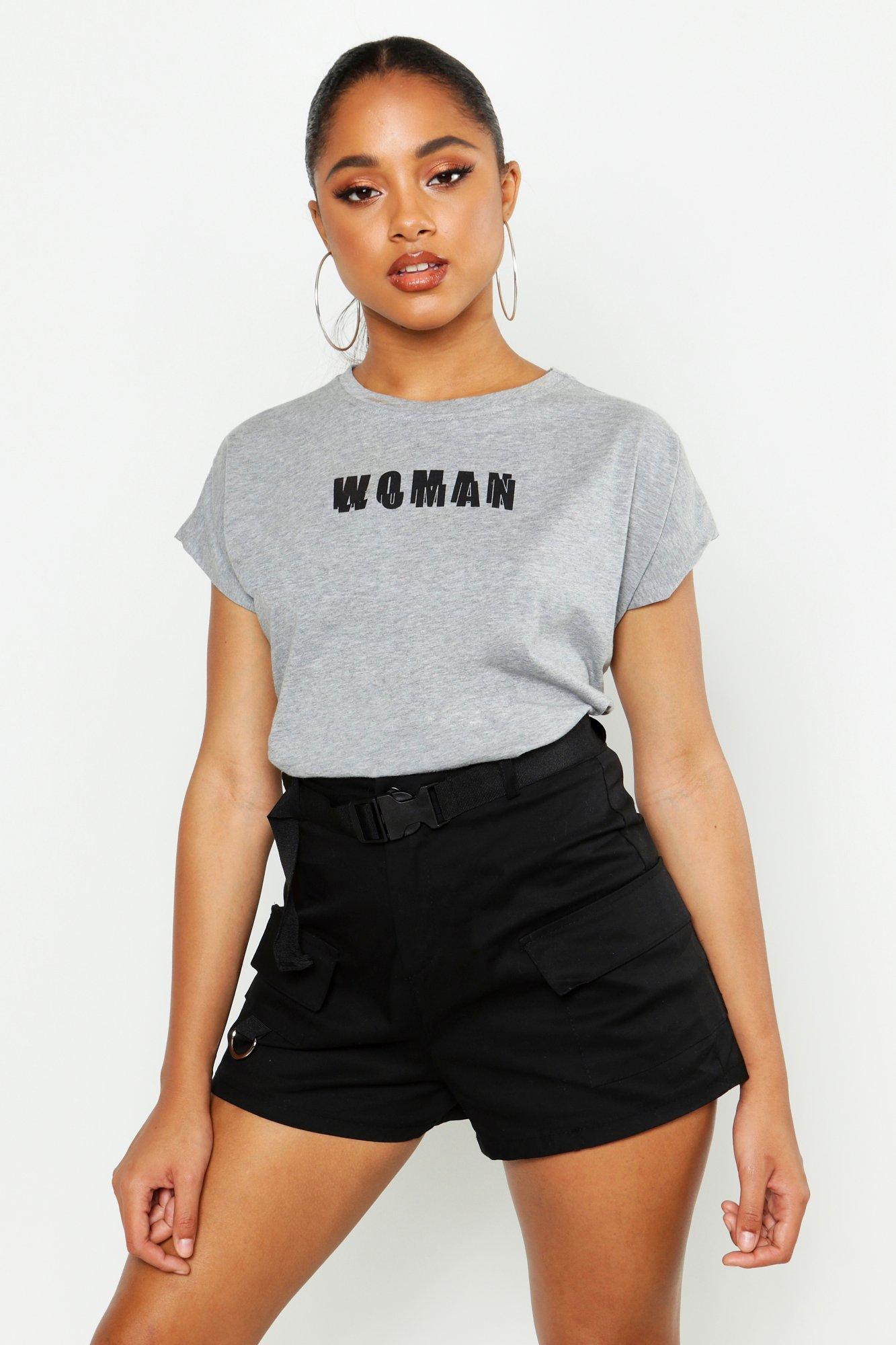 

Футболка с короткими рукавами принтом-слоганом Woman, Grey marl