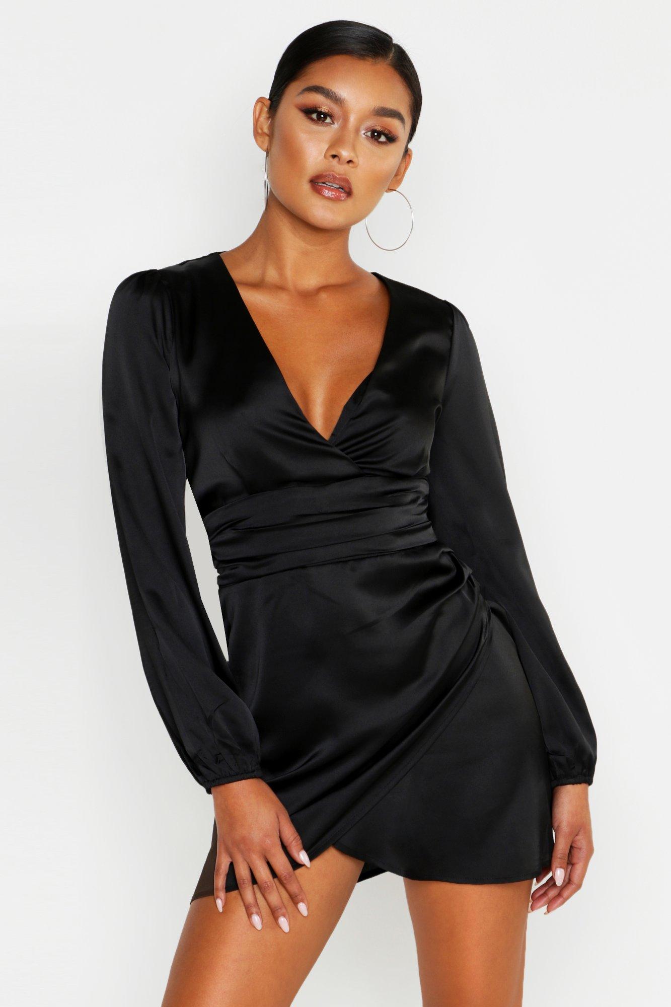 Womens Satin Wrap Detail Mini Dress - Black - 10, Black