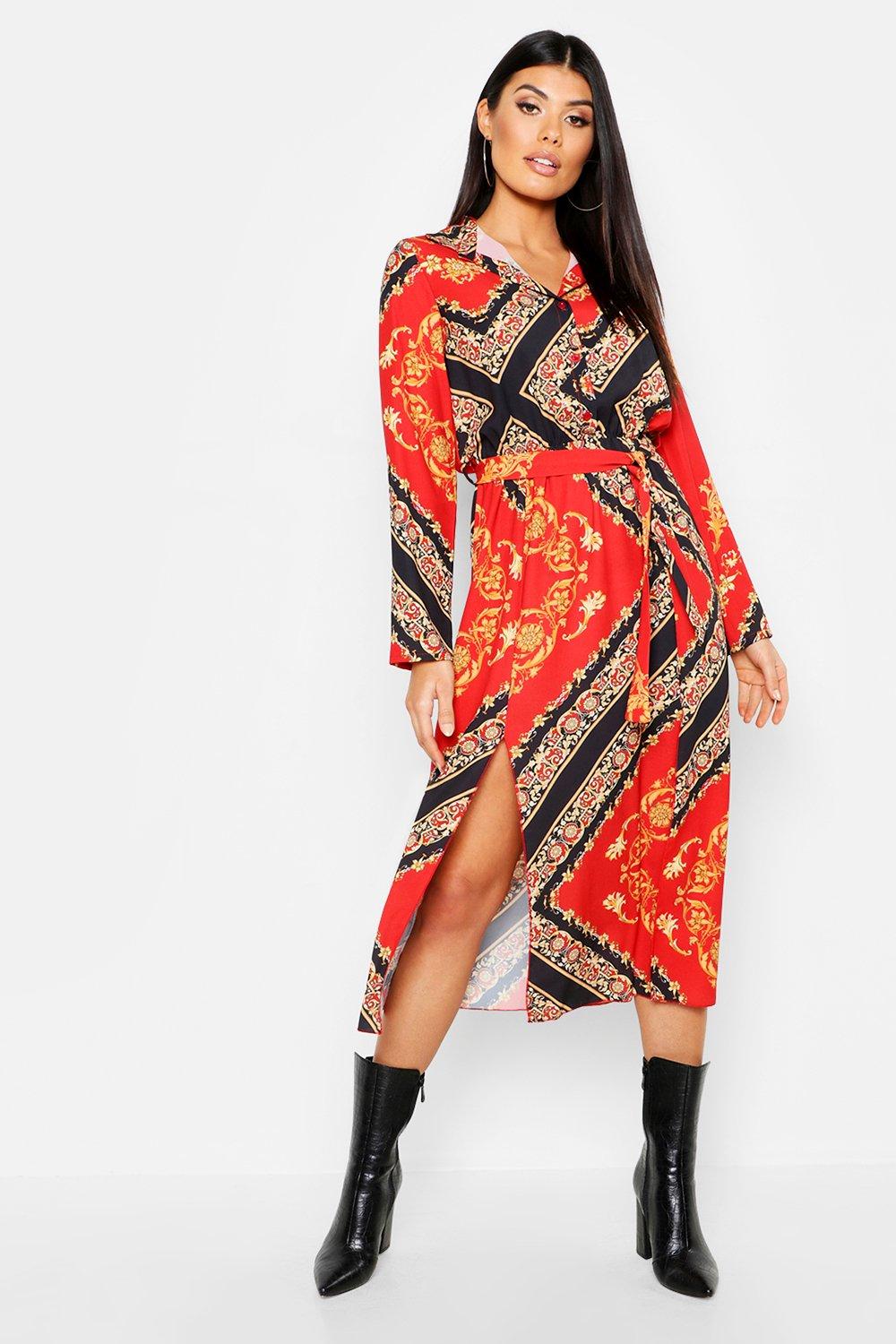 Woven Floral Scarf Print Midi Shirt Dress | Boohoo