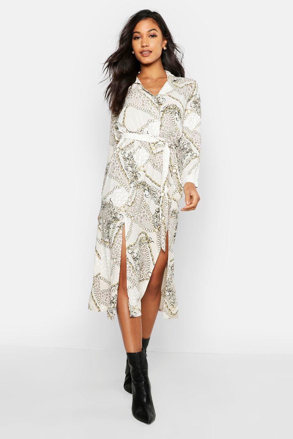 

Woven Animal Chain Print Belted Midi Shirt Dress, Stone