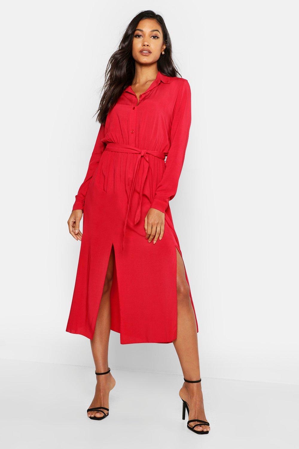 

Woven Belted Shirt Midi Dress, Blood red