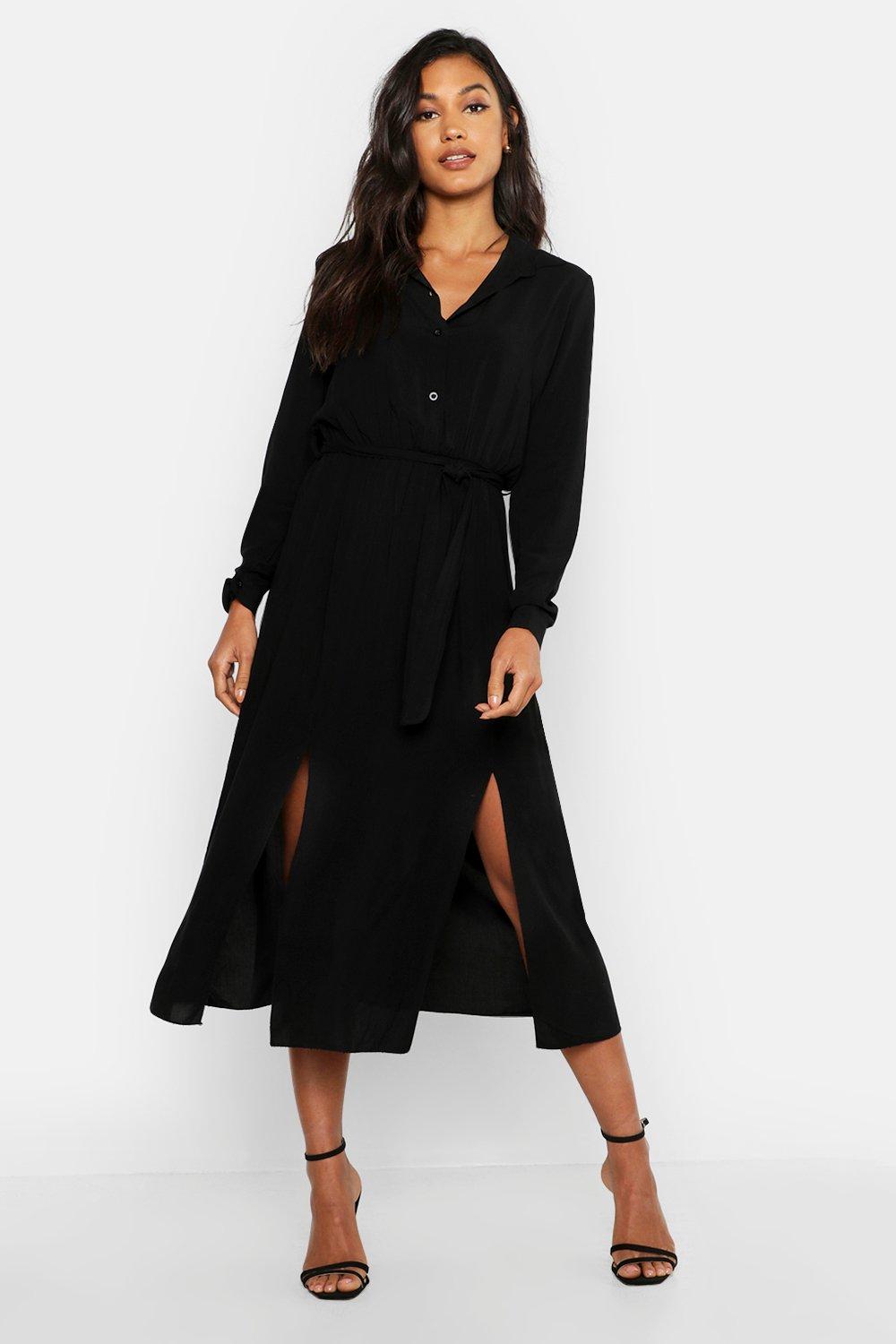 

Woven Belted Shirt Midi Dress, Hot pink