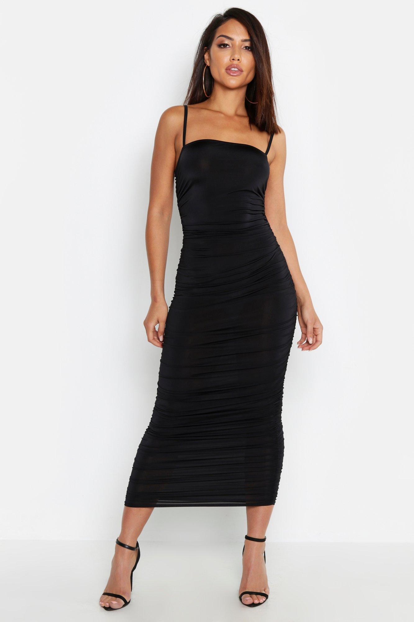 

Strappy Square Neck Ruched Midaxi Dress, Black