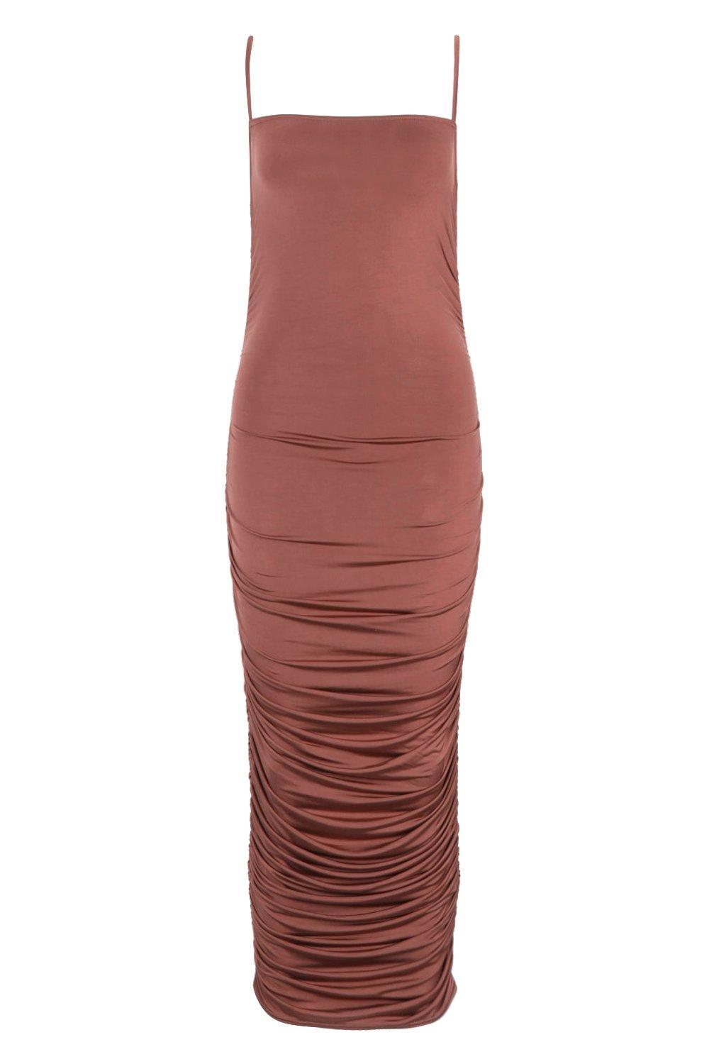 

Strappy Square Neck Ruched Midaxi Dress, Taupe