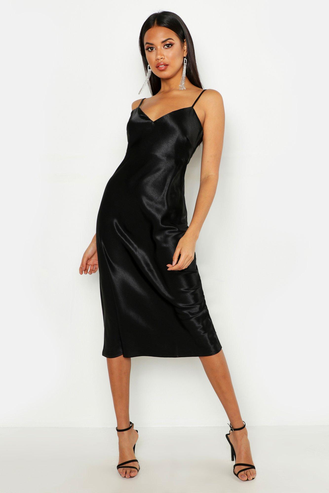 black satin slip midi dress