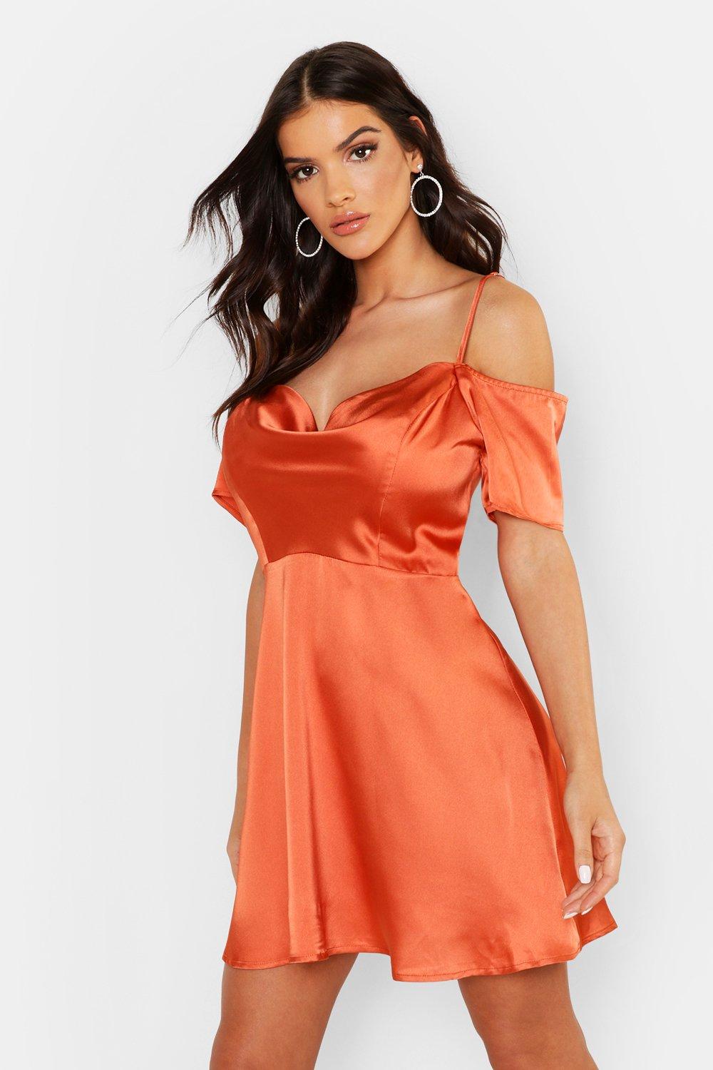 

Satin Cold Shoulder Skater Dress, Terracotta