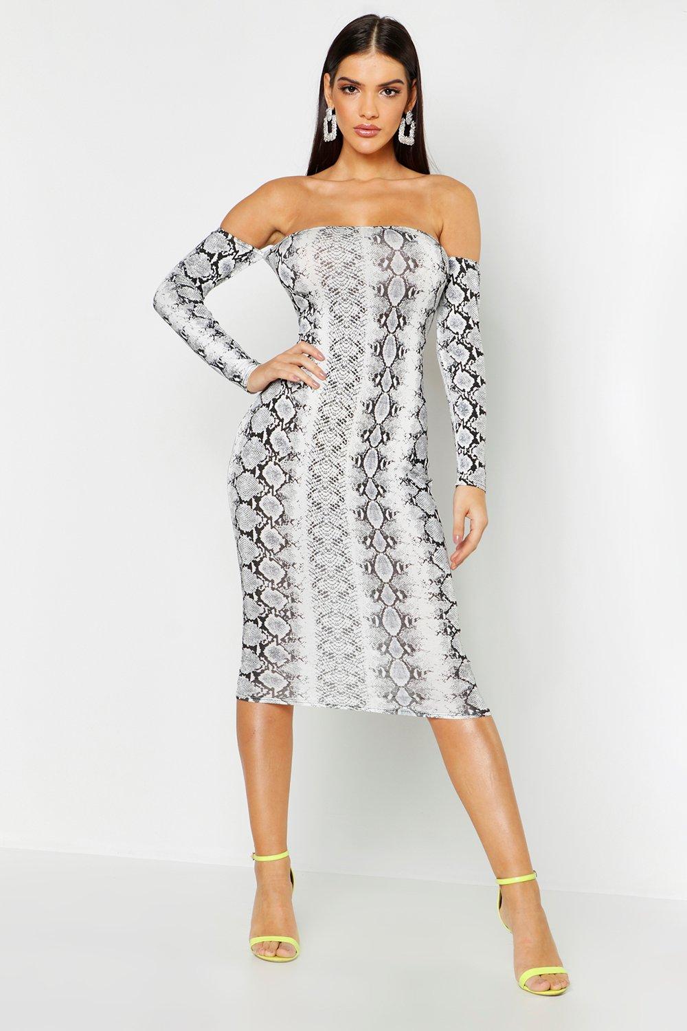 off the shoulder snake print dress