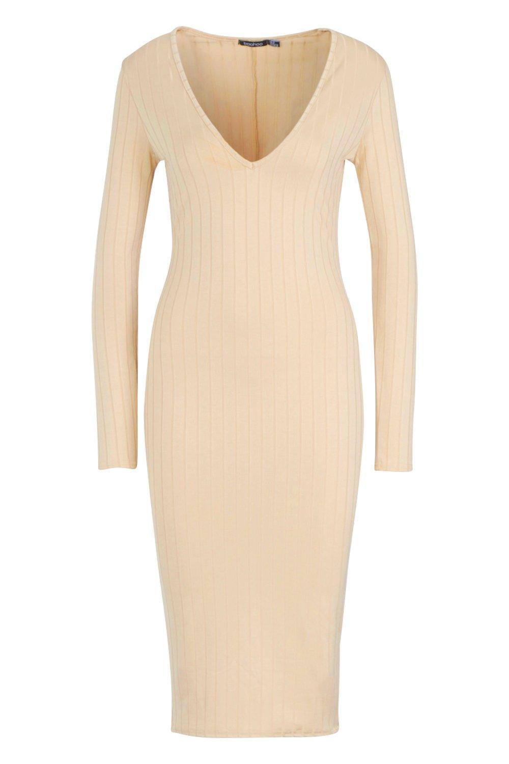 

Ribbed Plunge Neck Midi Dress, Taupe