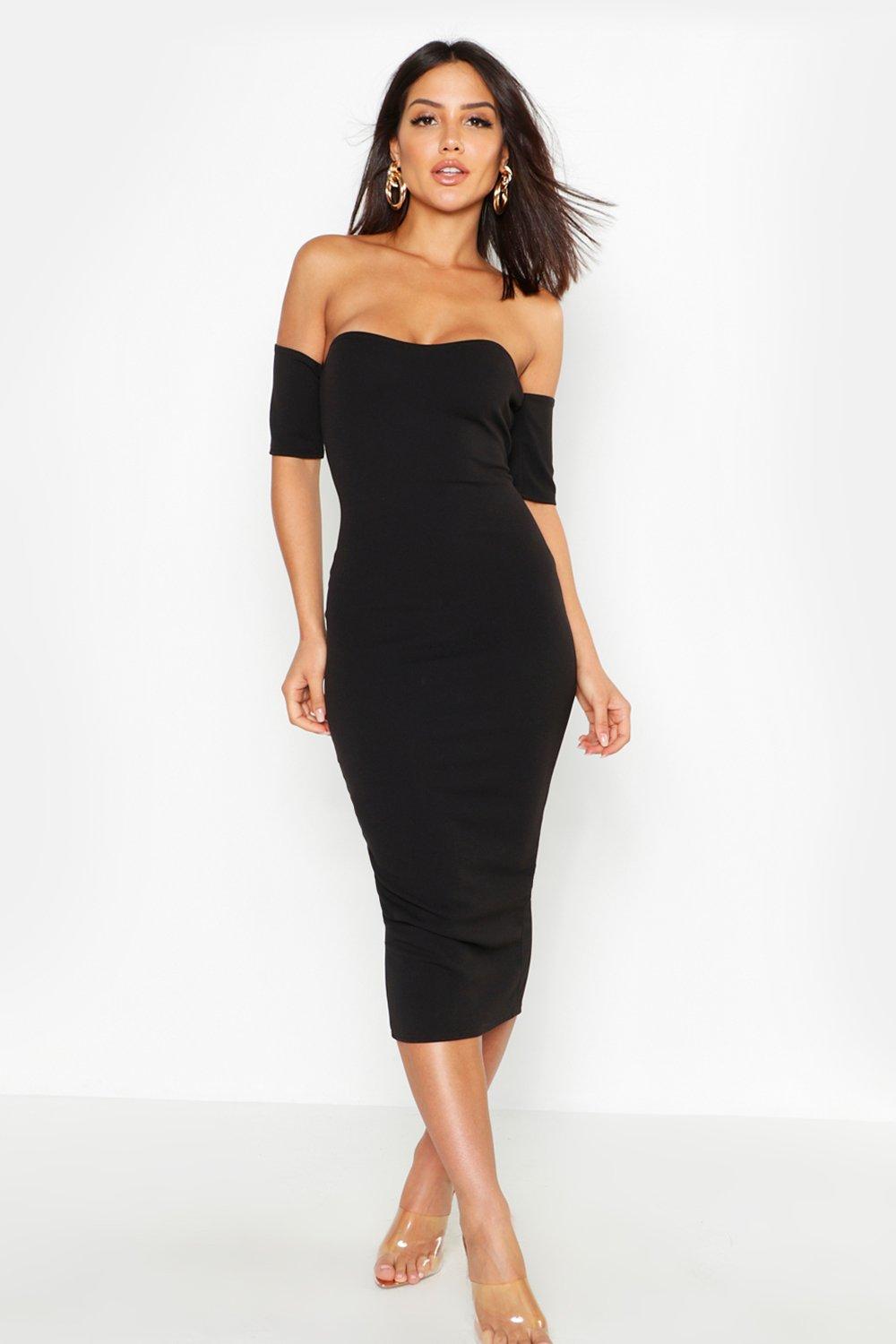 off shoulder midi dress black