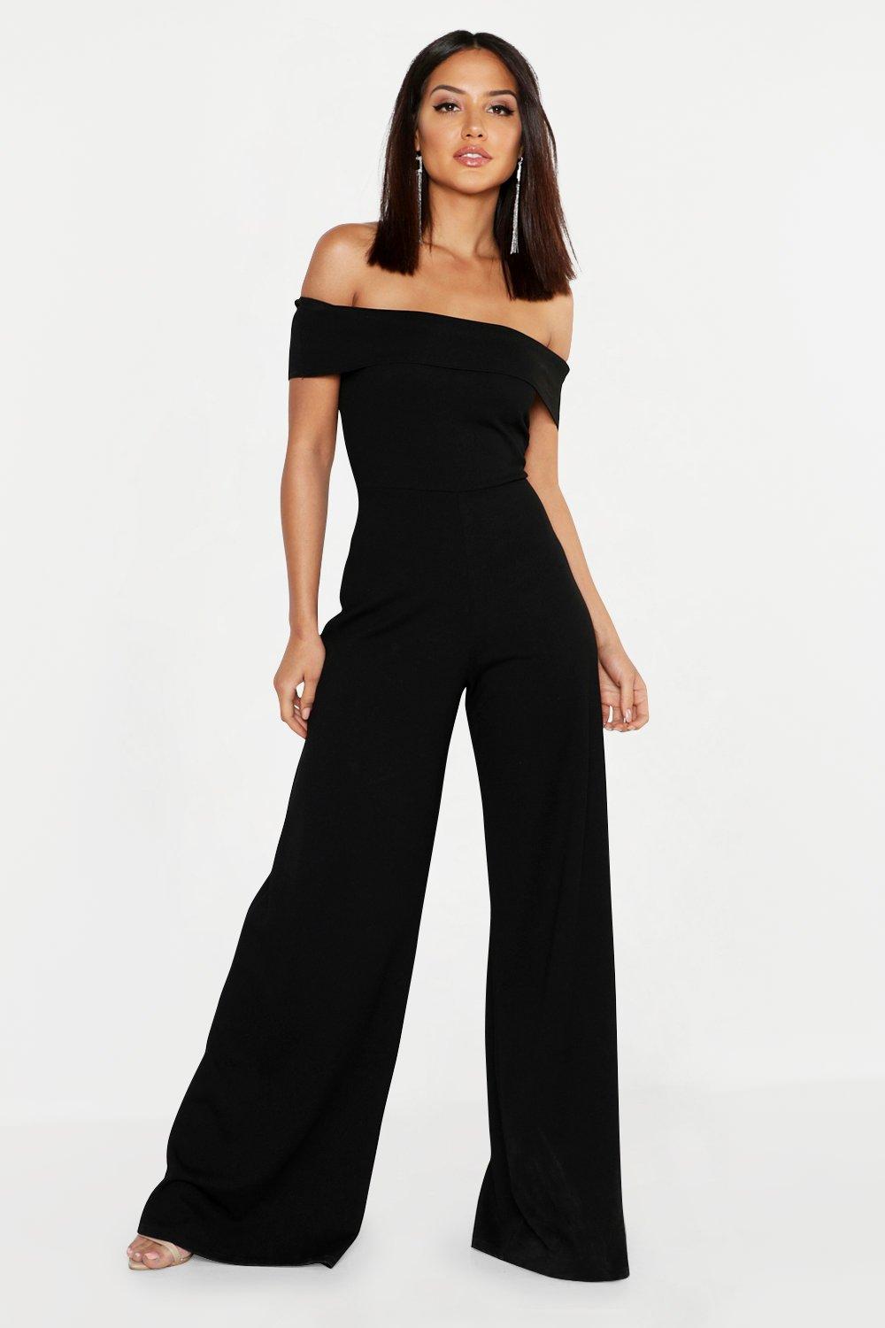 black bardot jumpsuit wide leg
