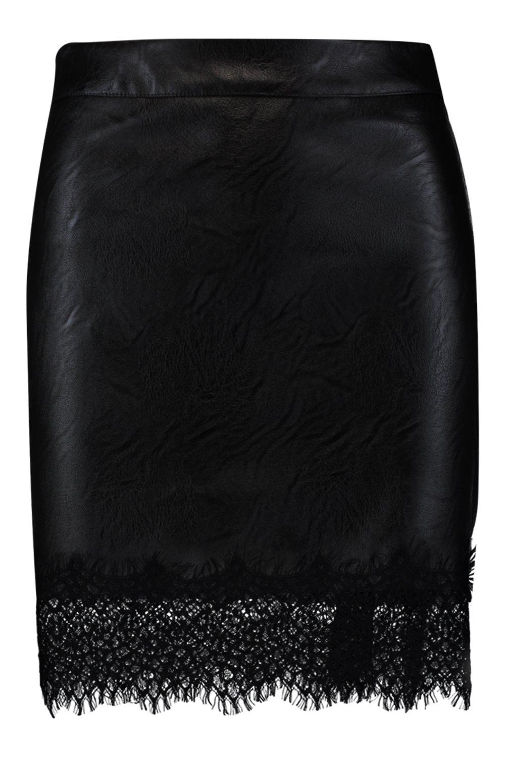 

Юбка с кружевной отделкой из искусственной кожи, Black
