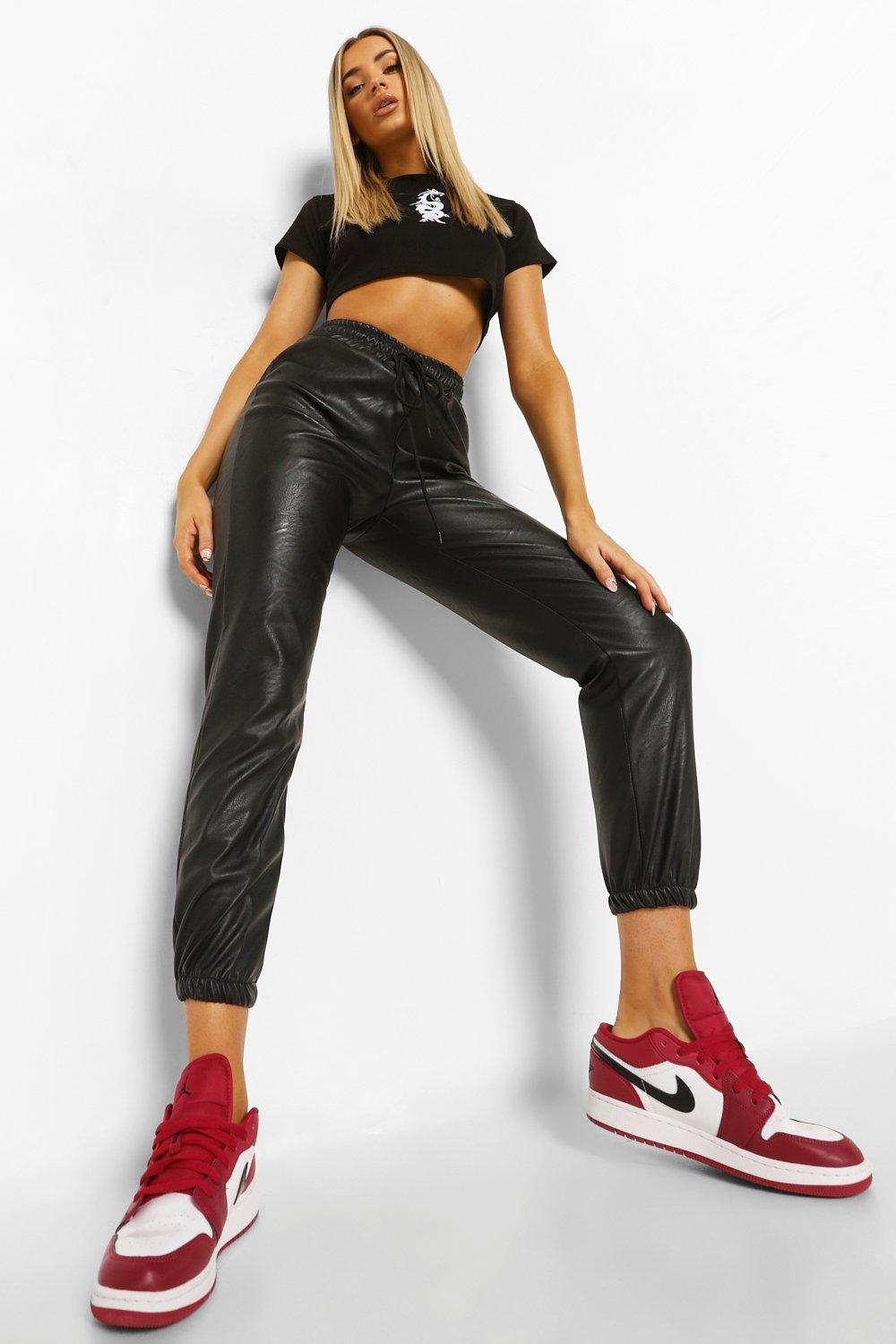 black leather look joggers