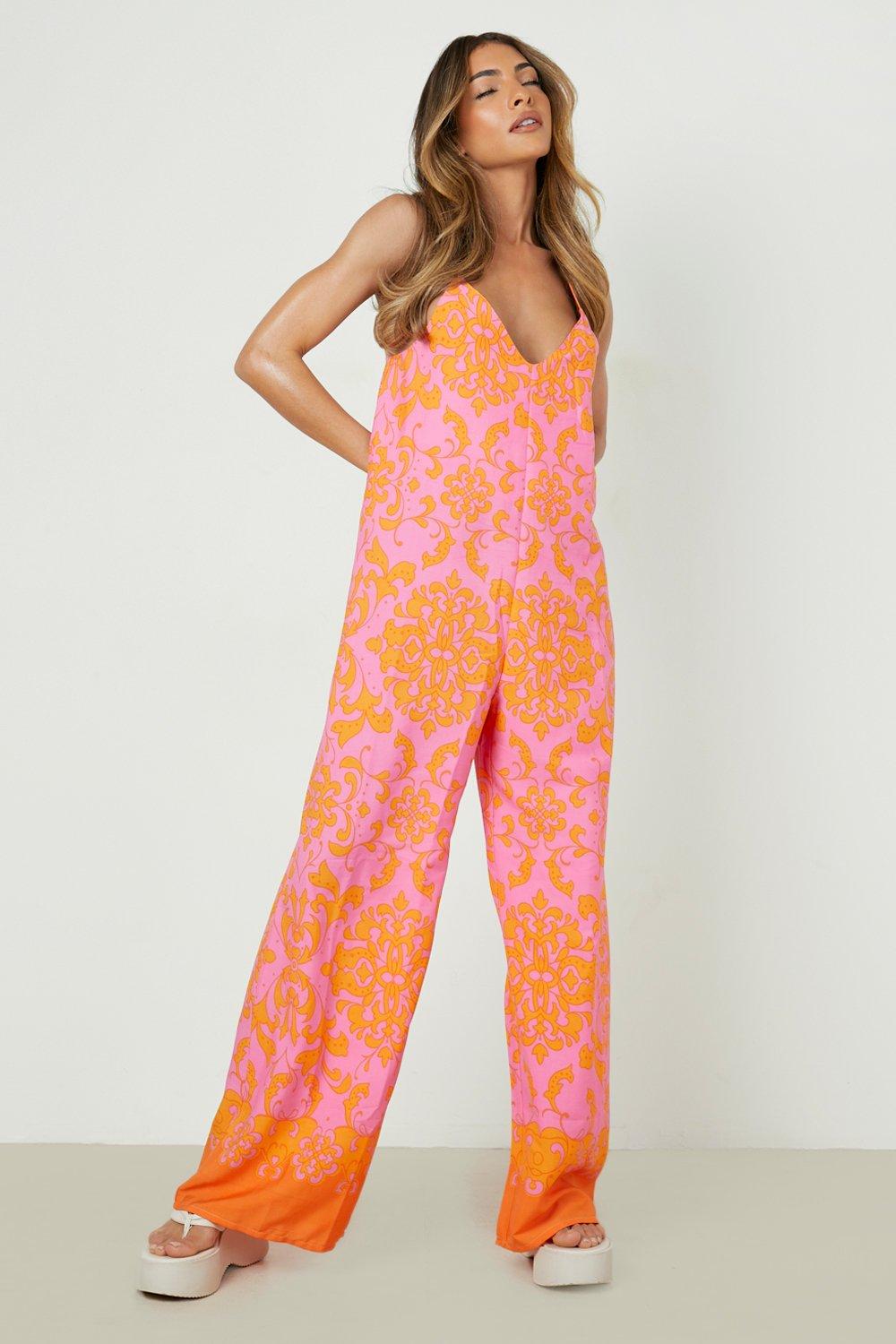 Combinaison À Bretelles Et Imprimé Floral - Orange - 40, Orange